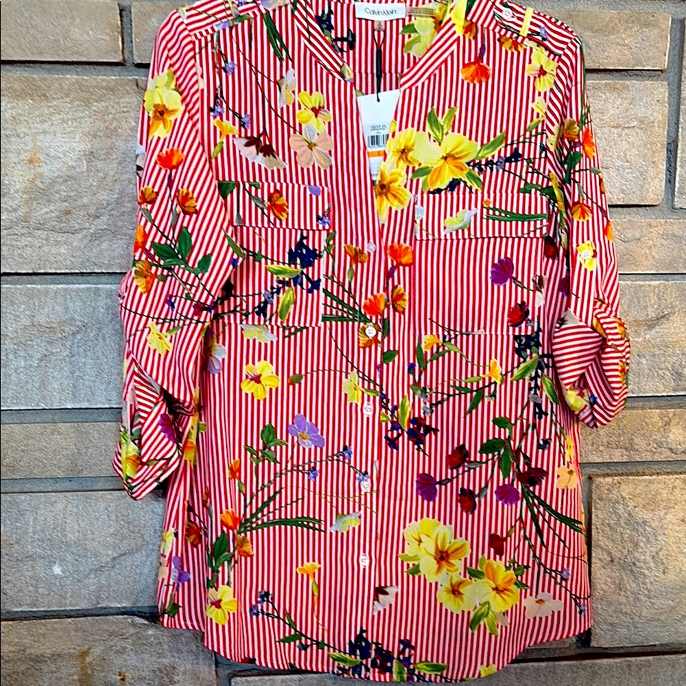 Calvin Klein Red and Yellow Graphic Blouse with Mandarin Collar